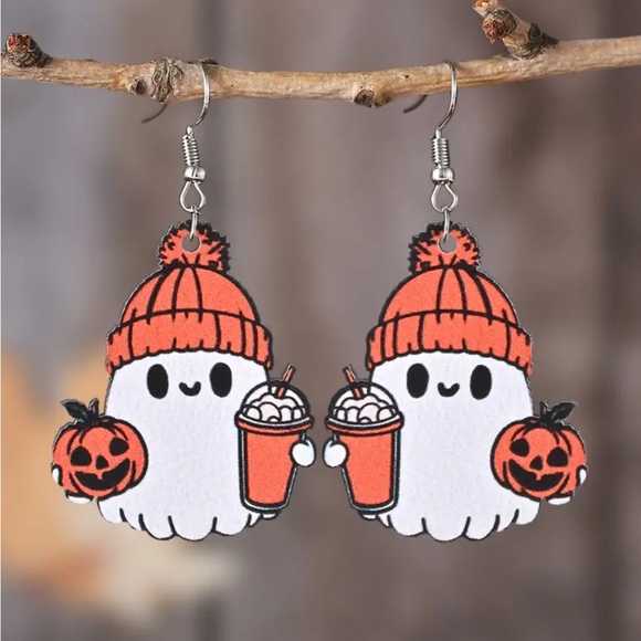 Ghost with Pumpkin and Cappuccino Dangle Earrings 👻🎃👻 - Picture 1 of 4